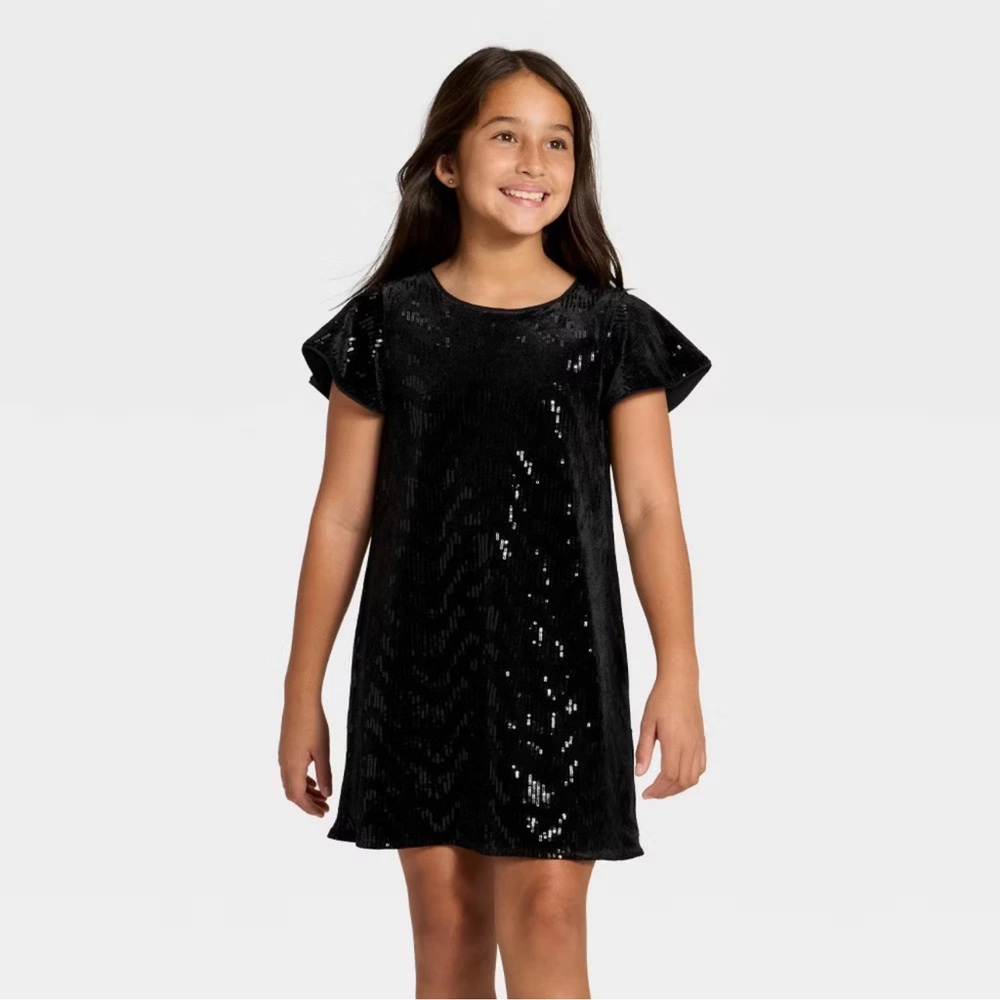 Cat & Jack Girls' Short Sleeve Sequin Velvet Dress - Black, M